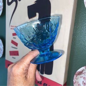 Morgan town pedestal dessert cups blue crinkled / wavy glass vintage